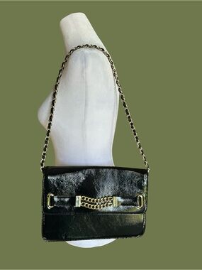 Anne Klein Patent Black Chain-Accent Shoulder Bag
